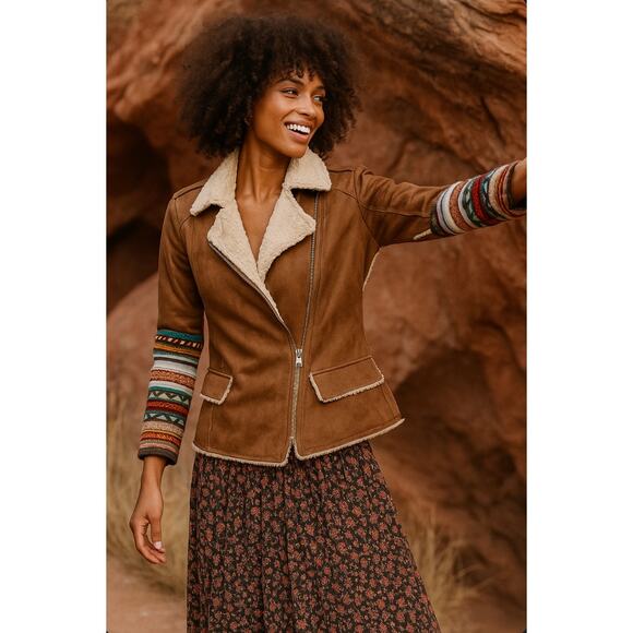 Desigual Festival Embroidered Faux Suede Shearling Boho Jacket Medium EUC - Picture 1 of 11